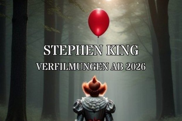 Neue Stephen King Verfilmungen ab 2026 Bild von Stephen Kings Pennywise aus ES, der eine Landstraße entlang geht und ein roter, schwebender Ballon