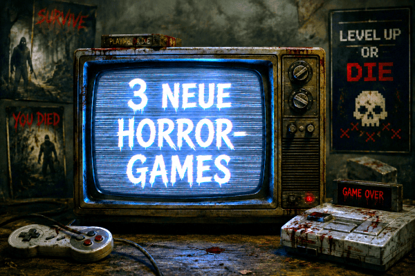 Neue Horror-Games: alter Fernseher und blutige Spielkonsole